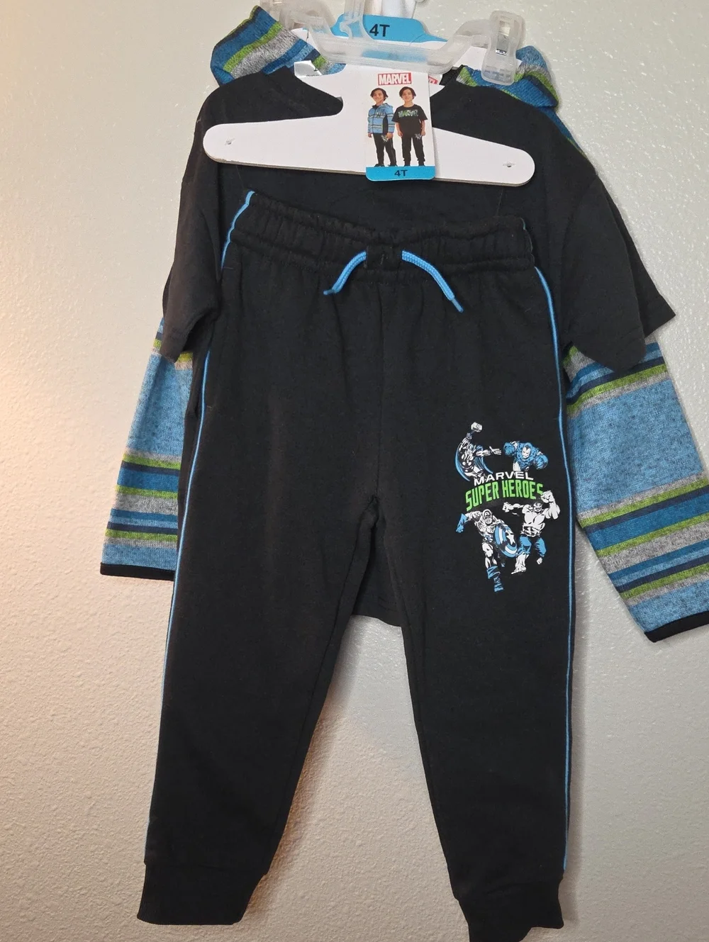 Marvel Black Jogger Pants with Blue Trim and Super Heroes Graphic